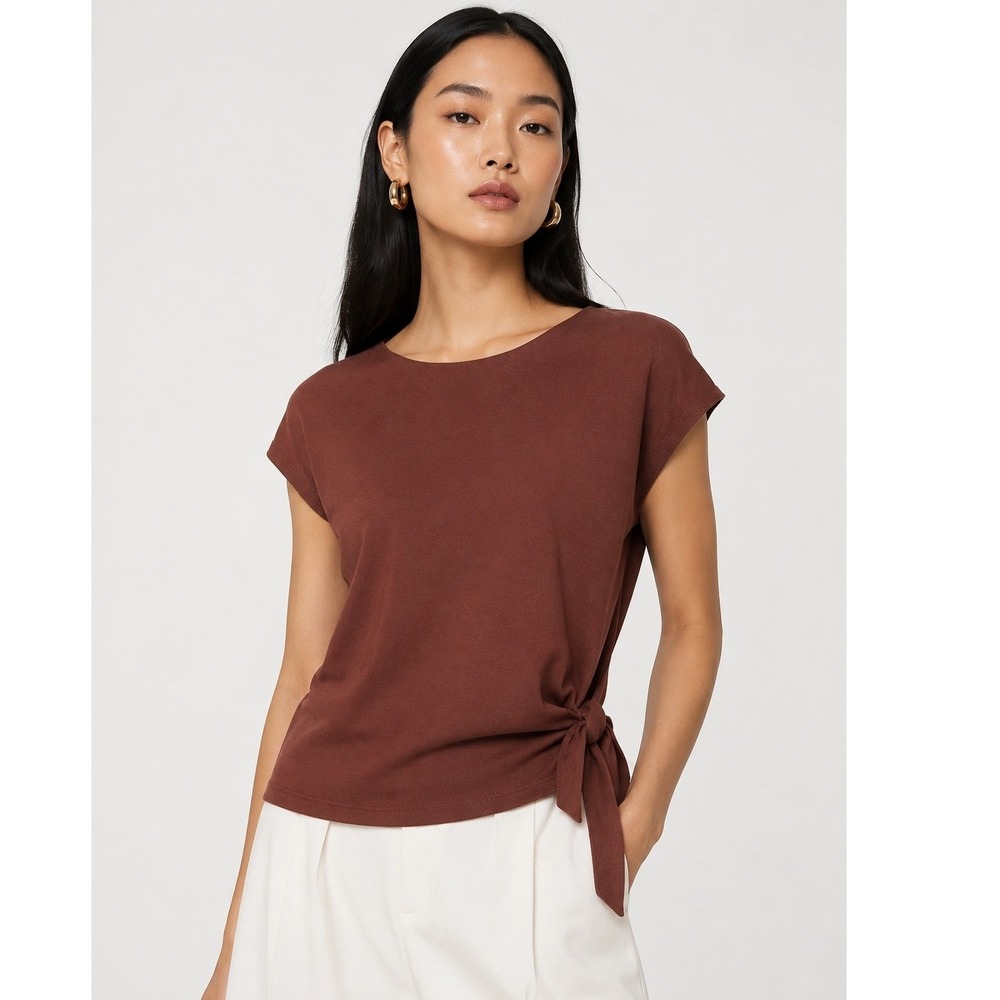 Les Serein Tilly Tie Waist Knit Top Brown Short Sleeve Blouse Size Small NWT